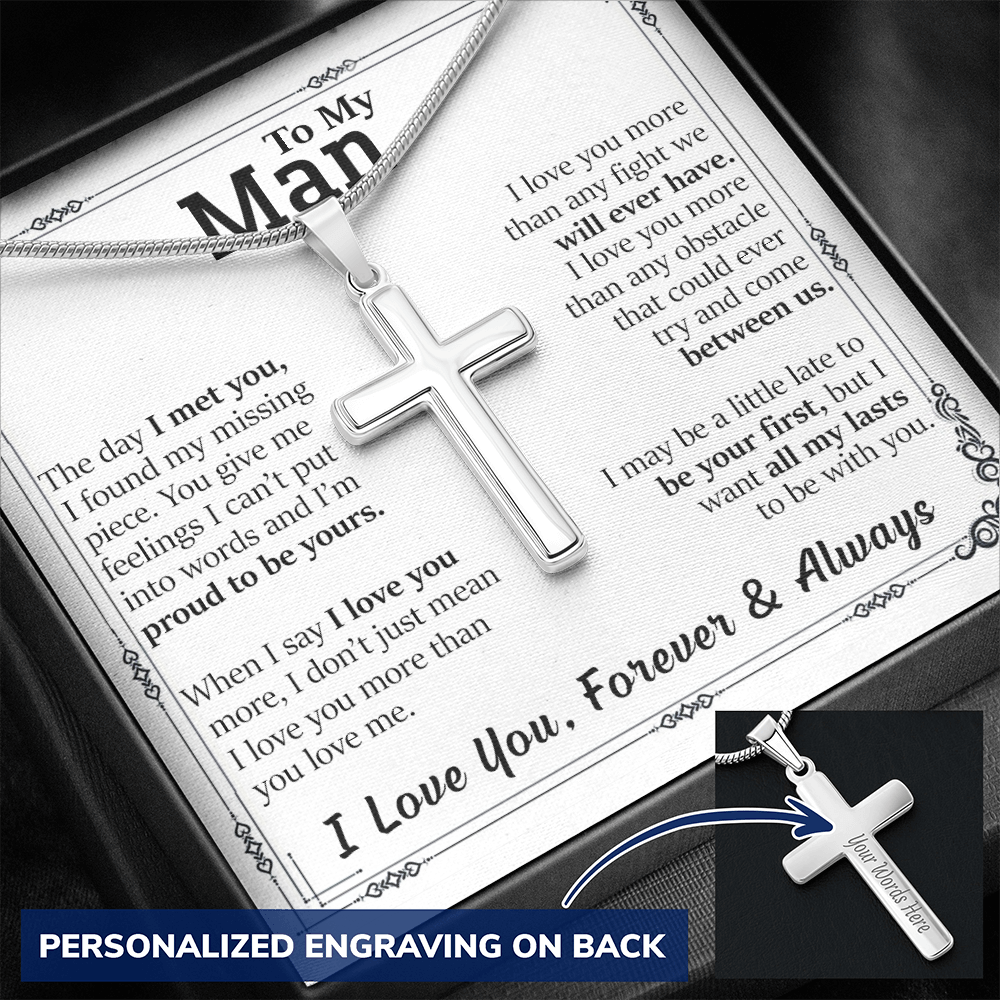 To My Man - The Day I Met You - WHT BG - Personalized Cross Necklace