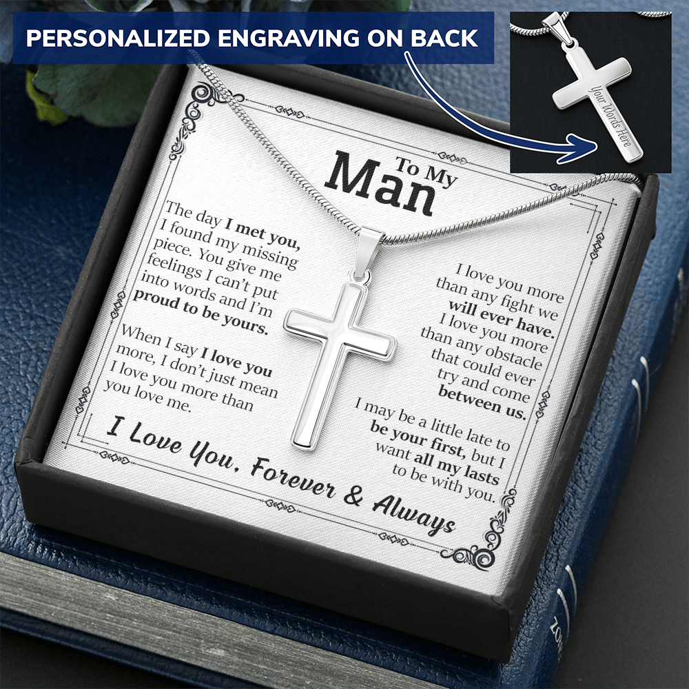 To My Man - The Day I Met You - WHT BG - Personalized Cross Necklace