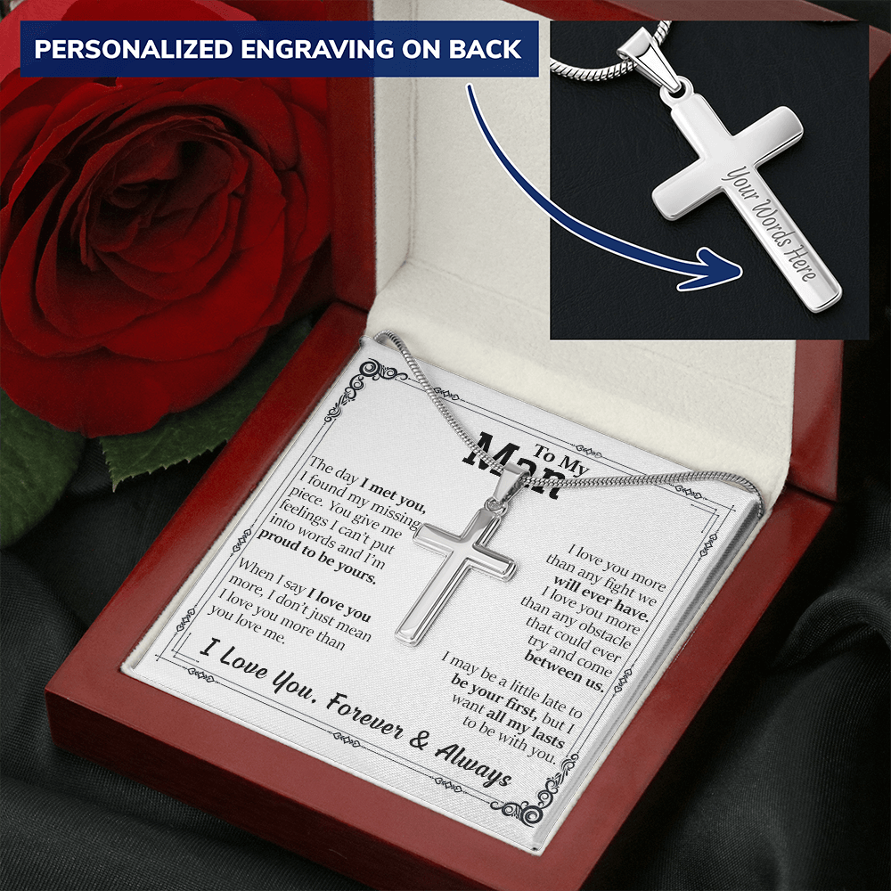 To My Man - The Day I Met You - WHT BG - Personalized Cross Necklace